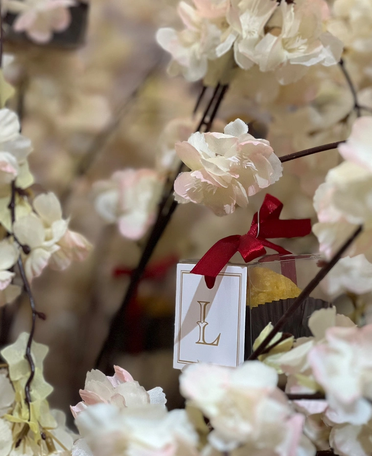 Ladoomail celebration favour: handmade mithai individually wrapped with a ribbon bow and swing tag.