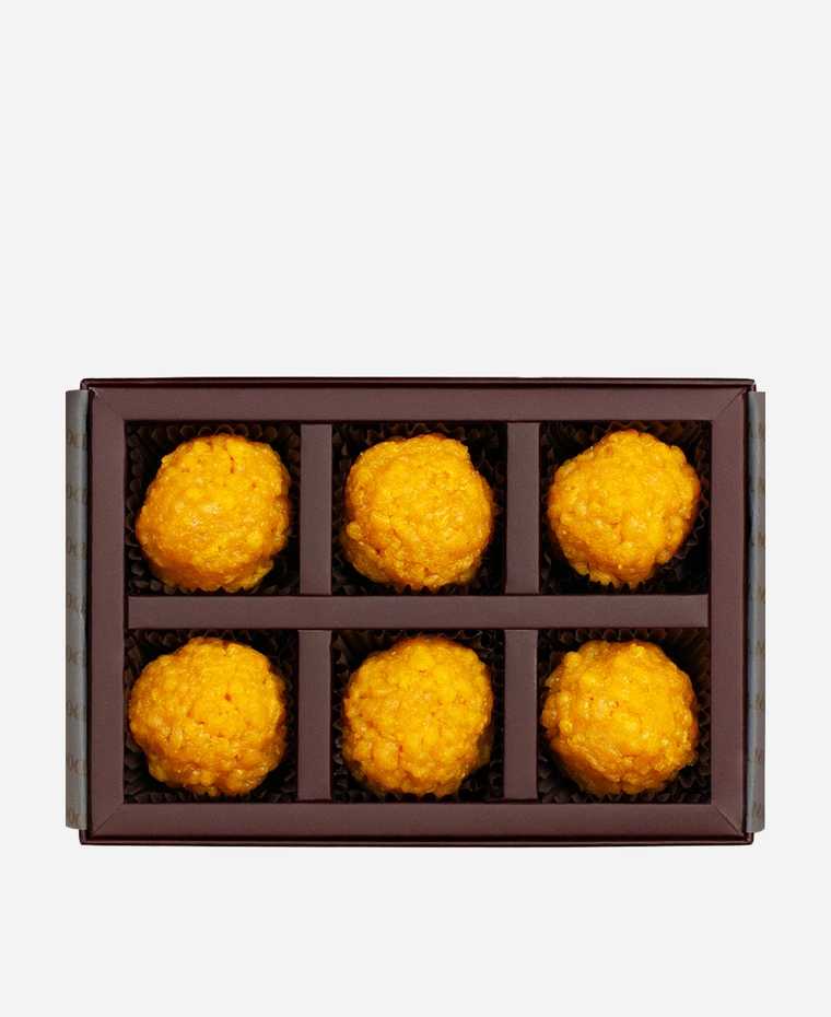 Classic Boondi Ladoo gift box, 6 pieces, open: golden boondi ladoo in a burgundy box with gold foil lettering.