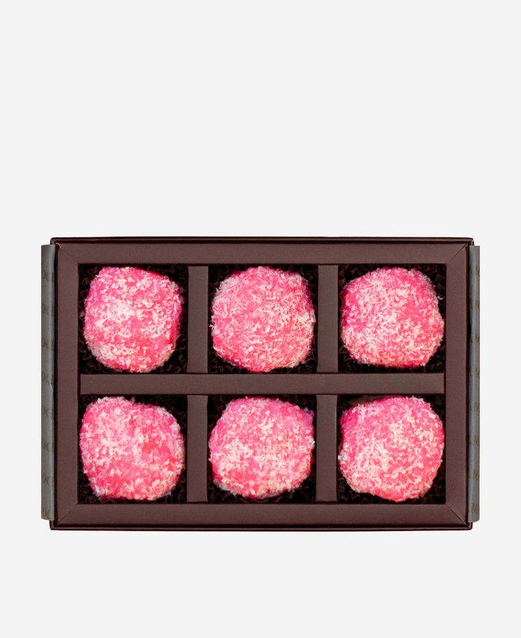 Rose Coconut Artisan Ladoo gift box, 6 pieces, open: pale pink rose coconut ladoo in a burgundy box with gold foil lettering.