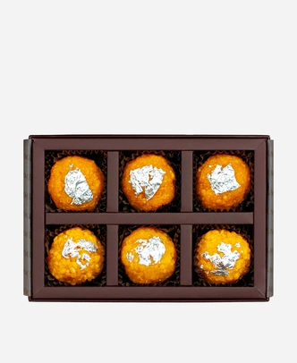 Silver Leaf Ladoo Selection gift box, 6 pieces, open: boondi and motichoor ladoo topped with edible silver leaf in a burgundy box with gold foil lettering.