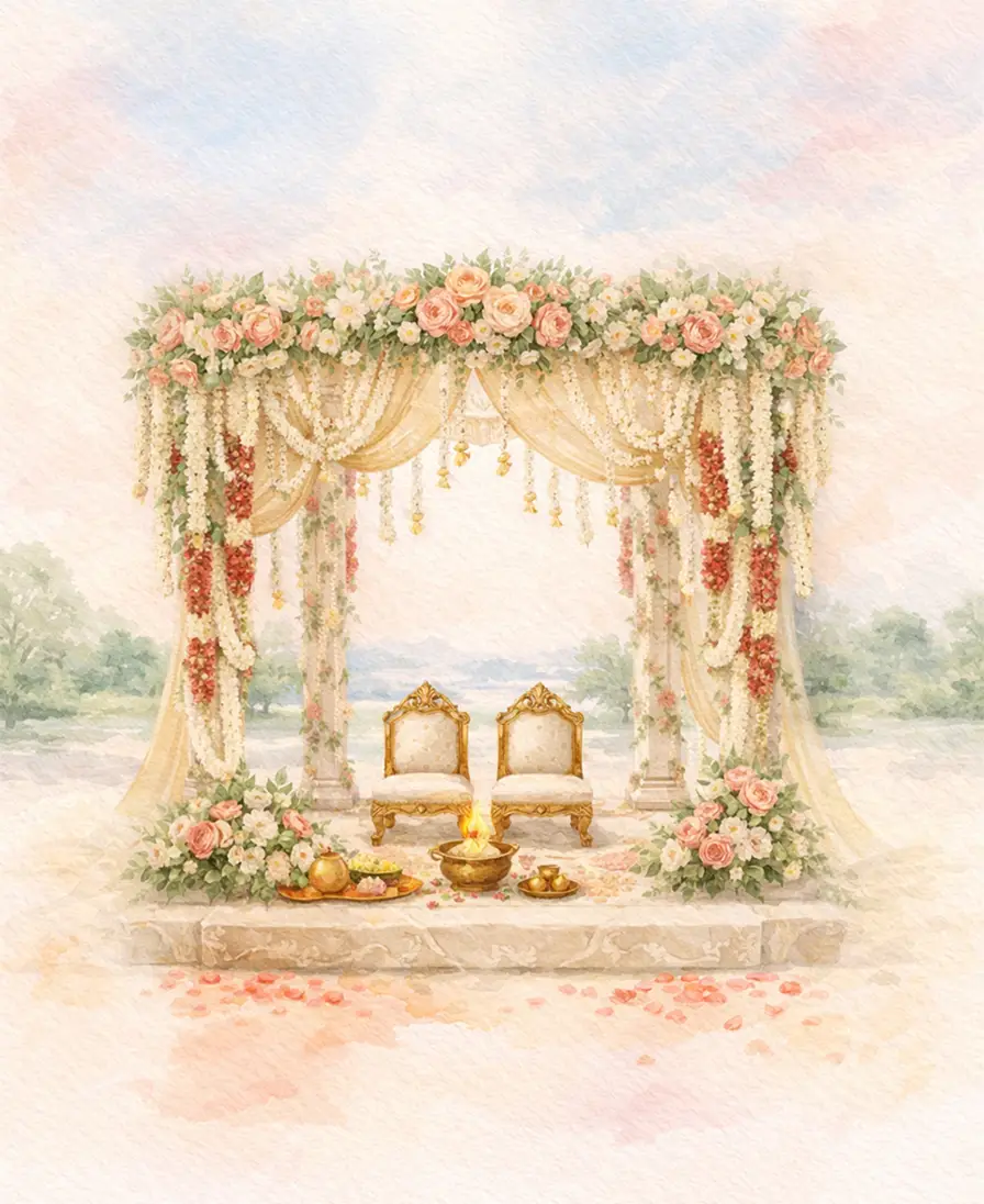 Watercolour illustration of a floral wedding mandap with two thrones, printed as a gift box sleeve.