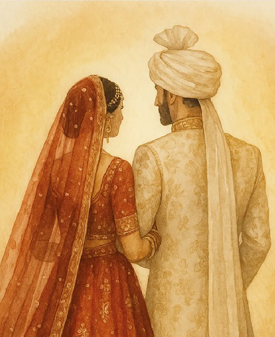 Illustrated bride and groom in traditional wedding attire, seen from behind, on a bespoke gift card.