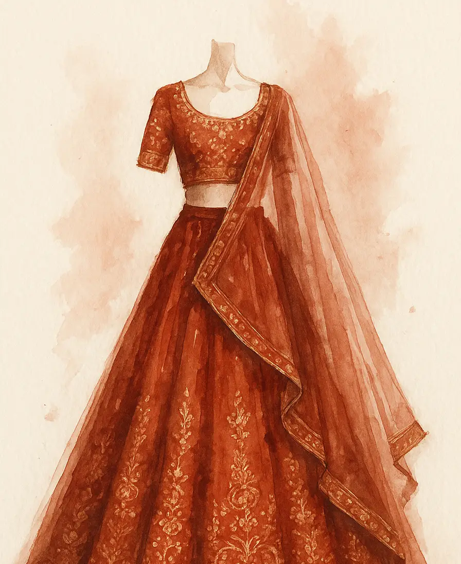 Close-up of an embroidered rust and gold bridal lehenga.