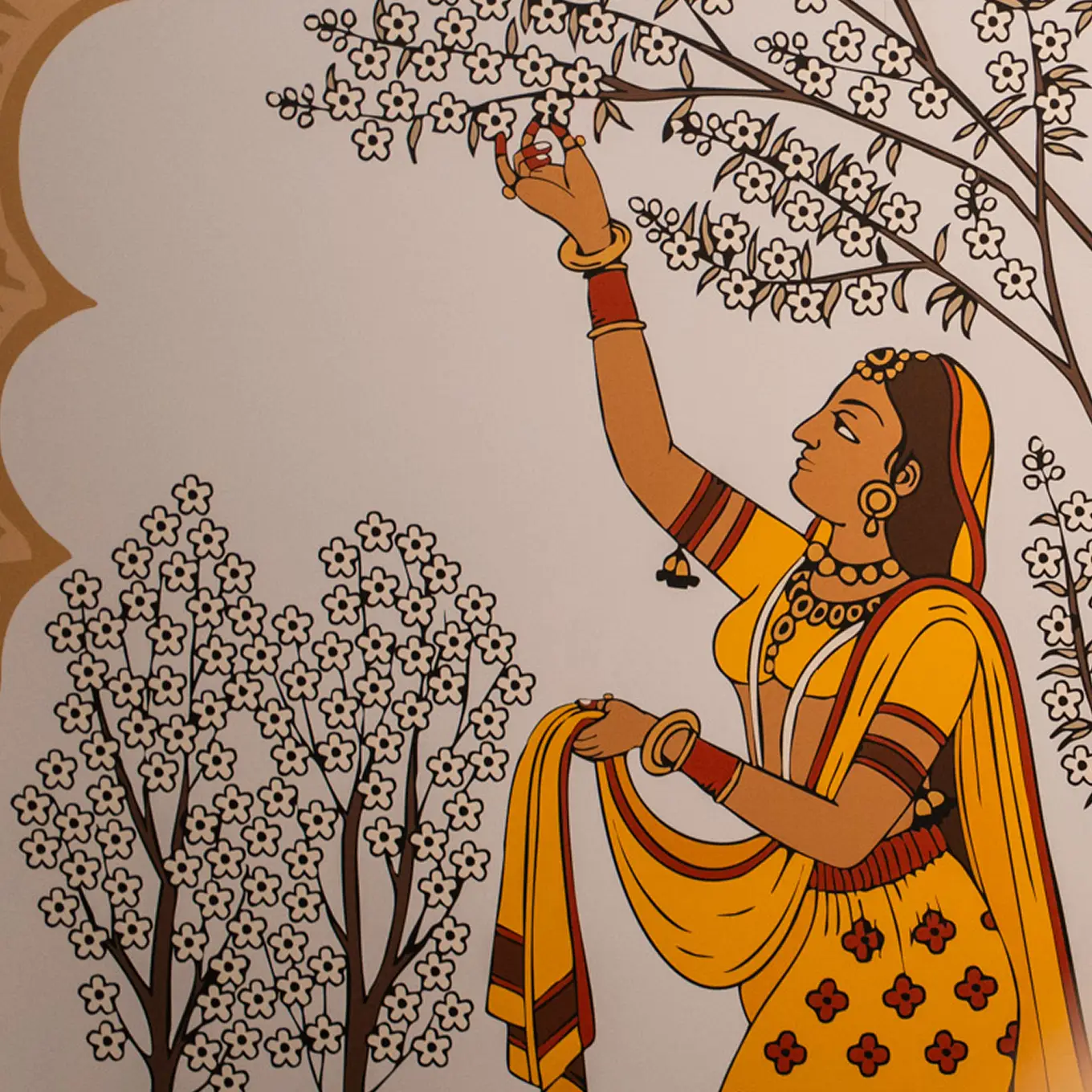 Ragini Vasanti, Ladoomail lid artwork Hand-drawn recreation of Ragini Vasanti, a Mughal miniature painting tradition, showing a young woman gathering spring blossoms to share with those she loves. This artwork lines the lid of every Ladoomail gift box.